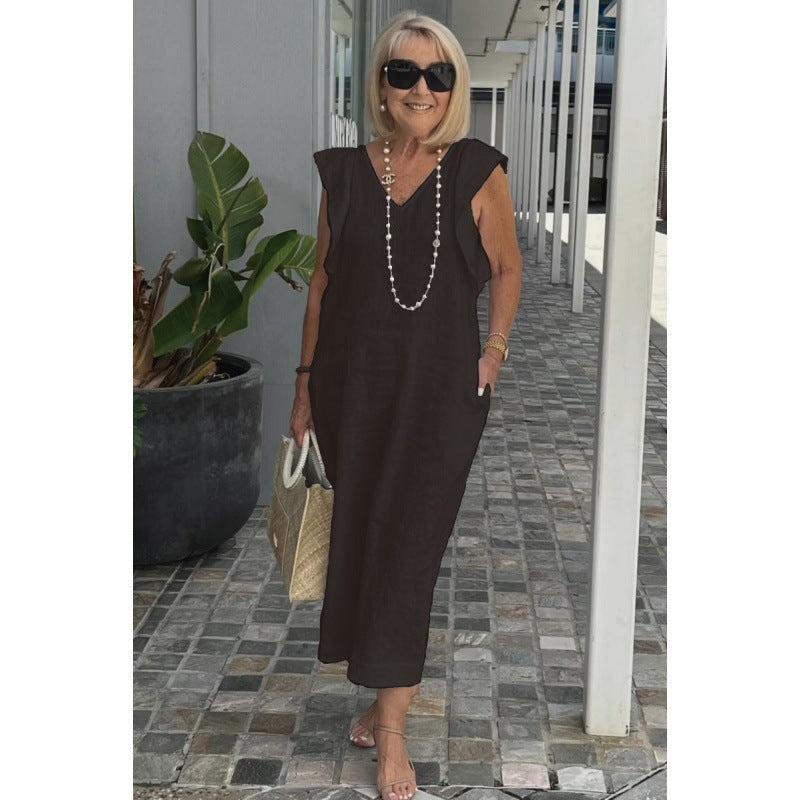 Elegant Fudus Cotton-Linen Dress with Flutter Sleeves and Back Tie