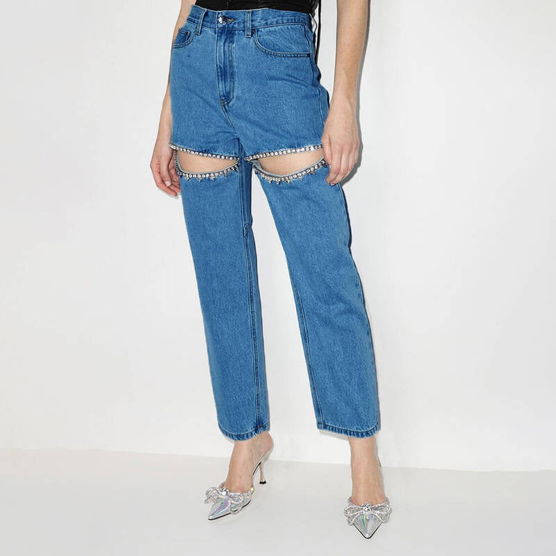 Damen Jeans mit dekorativen Cut-Outs und Strassverzierungen Stilzeits