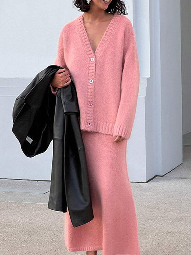 Damen kuschelige Strickjacke und Wadenlanger Rock Set Stilzeits