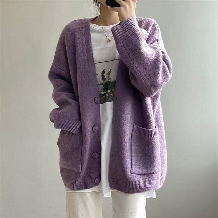 Damen Grob gestrickter Cardigan mit Taschen und V-Ausschnitt Stilzeits