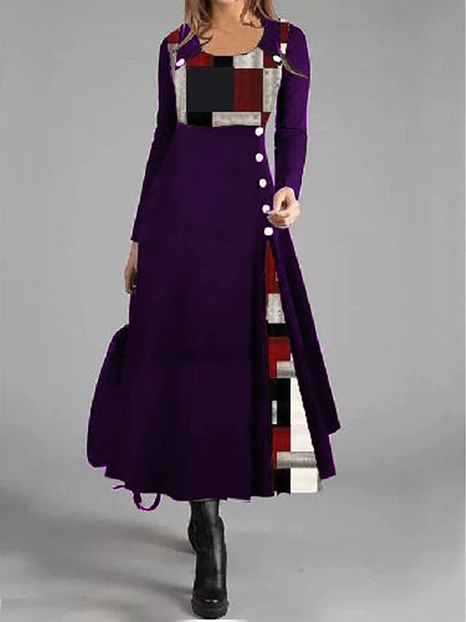 Elegantes Fudus Kleid mit Farbblock-Design, Knopfleiste und Rundhalsausschnitt