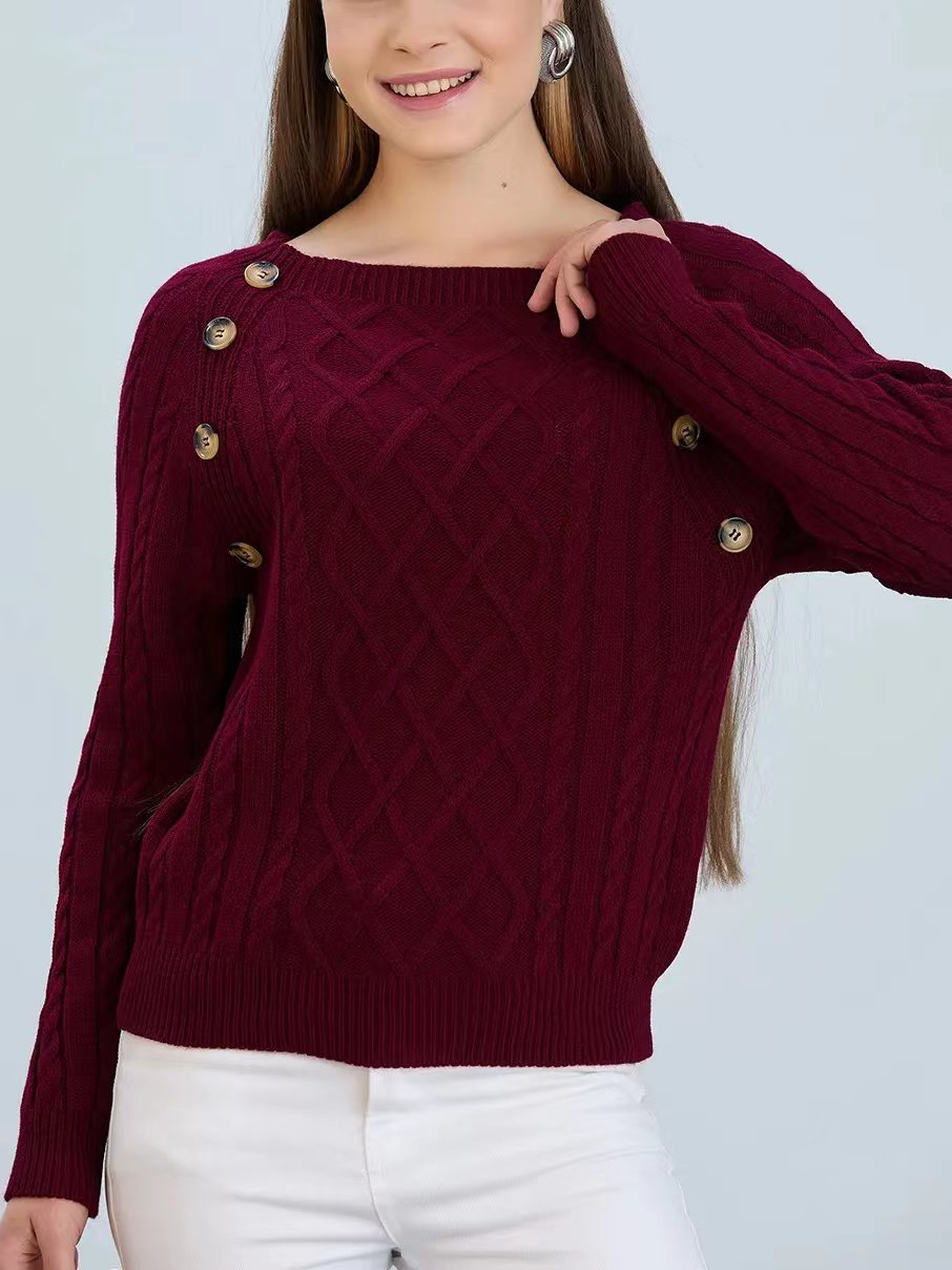 Damen Strickpullover mit klassischem Rautenmuster und dekorativen Knöpfen Stilzeits