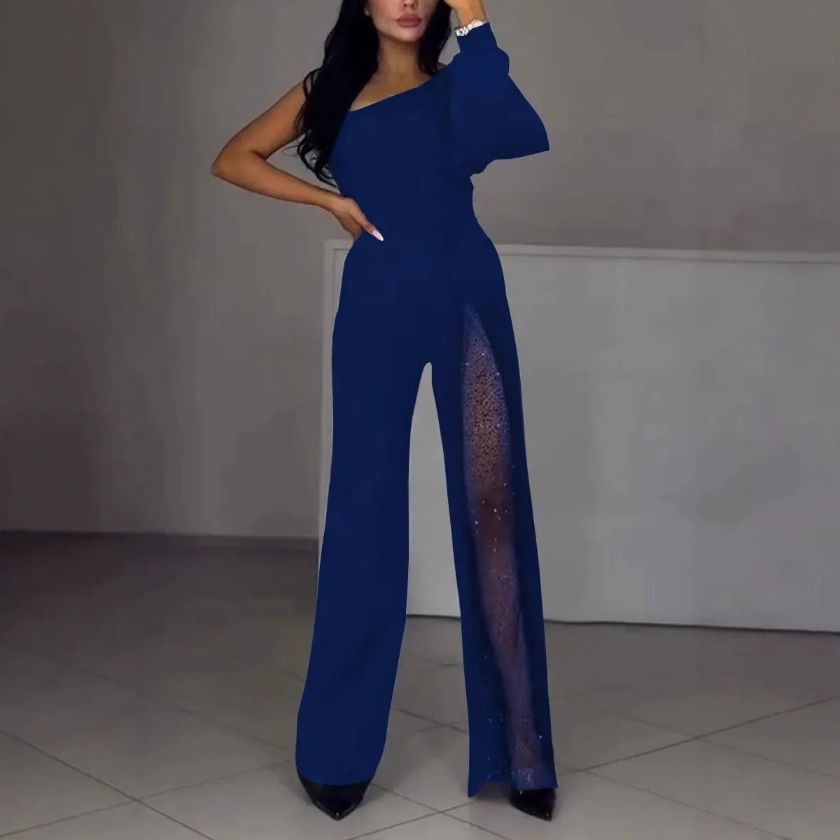 Asymmetrischer einseitiger Damen-Jumpsuit mit Paillettenpanel Stilzeits