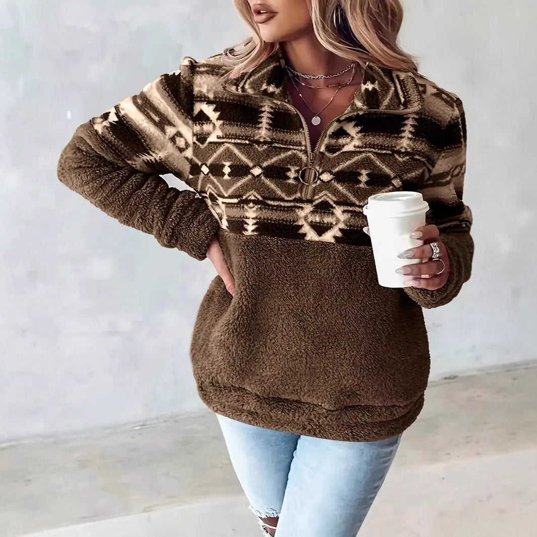 Damen Fleece-Pullover mit modernem Aztekenmuster und Stehkragen Stilzeits