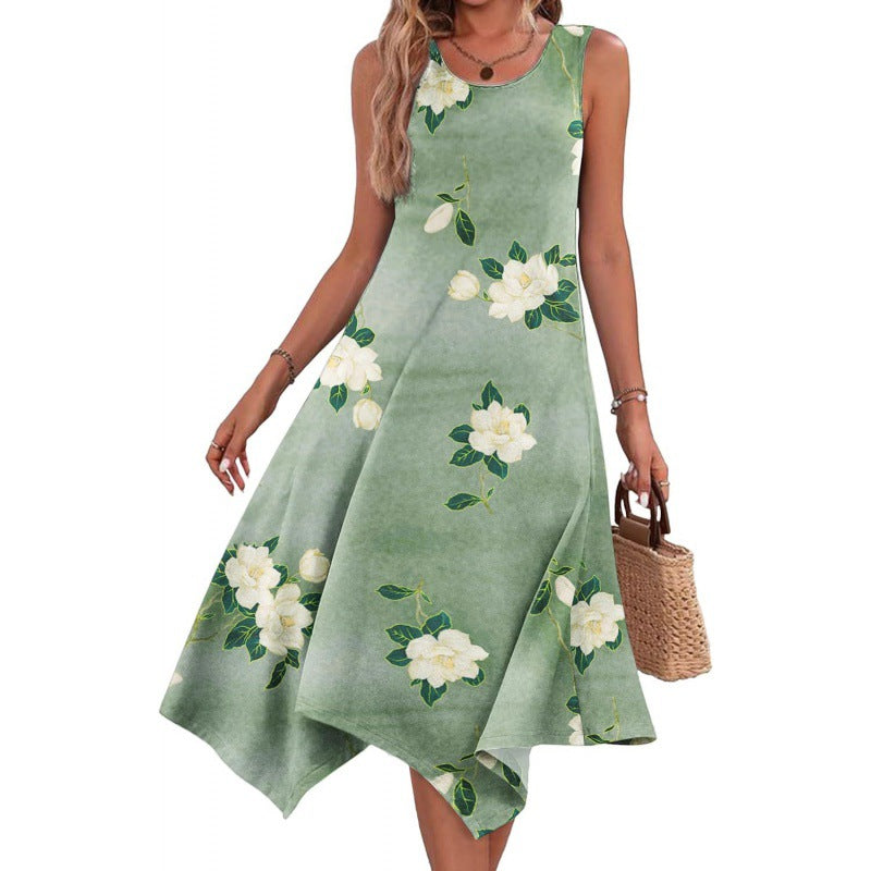 Elegantes Fudus Kleid mit modischem Print, ärmellos und asymmetrischem Saum
