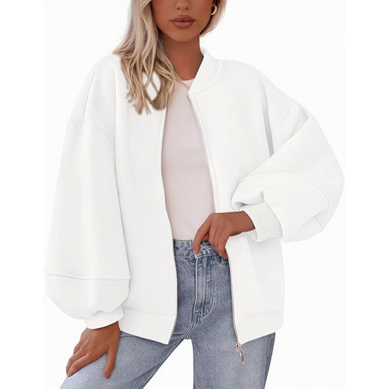 Damen lässige Oversized-Jacke mit Reißverschluss und ballonen Ärmeln Stilzeits