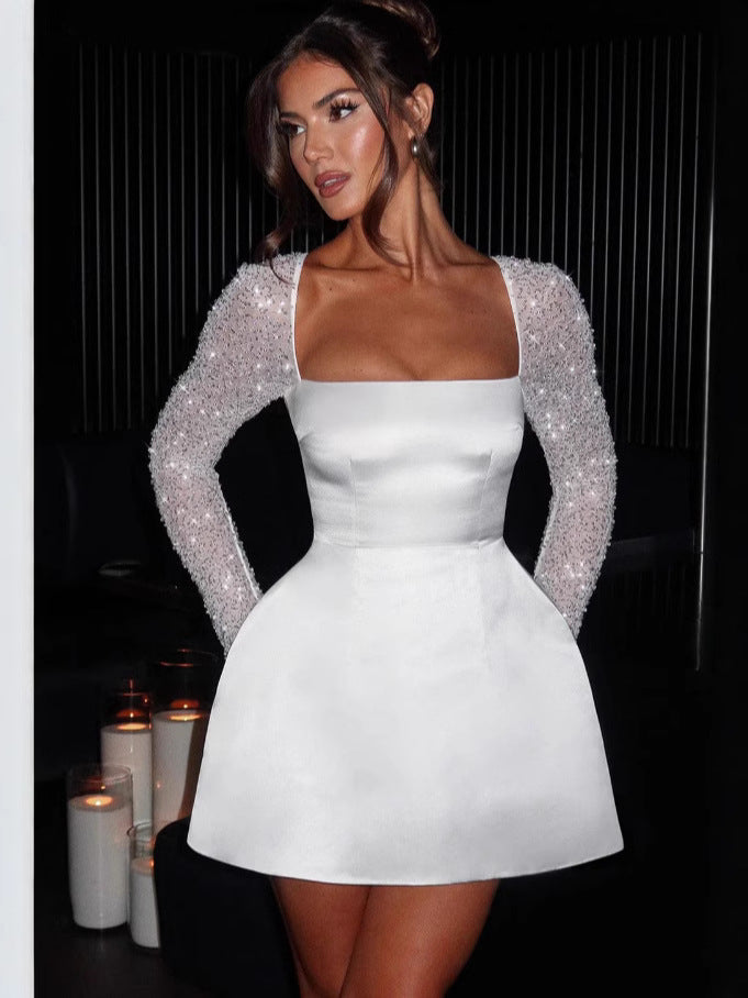 Damen Glamouröses Minikleid mit transparenten Paillettenärmeln und schwingendem Rock Stilzeits