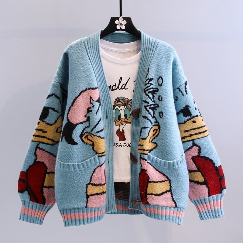 Damen Cartoon-Design Strickjacke mit breiten Ärmeln und Taschen Stilzeits