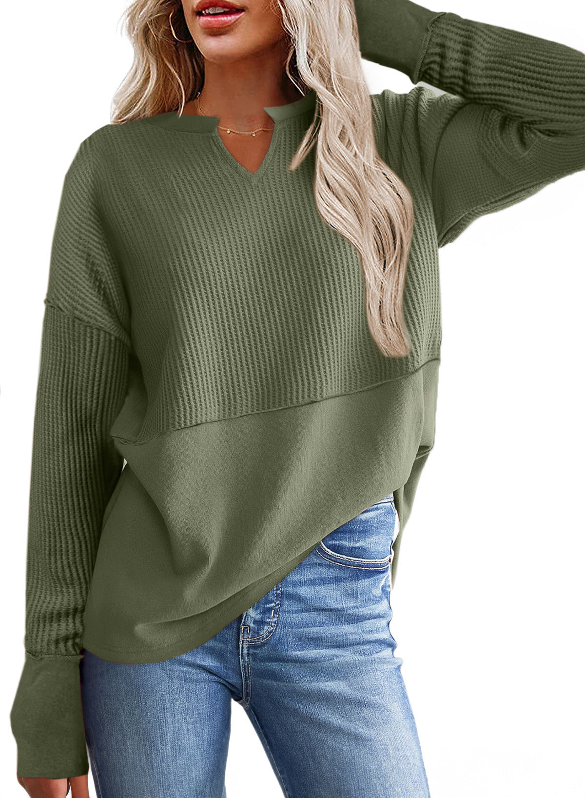 Damen lässiger Knit-Pullover mit V-Ausschnitt und Struktur Stilzeits