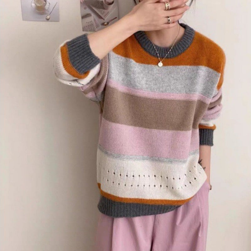 Damen Grob gestrickter Pullover mit lässigen Streifen Stilzeits