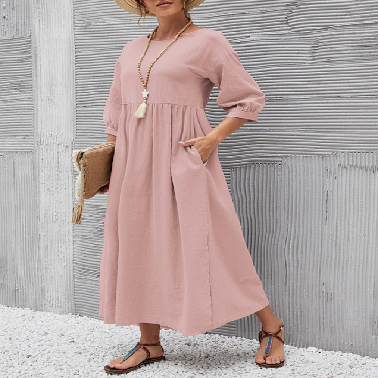 Fudus Elegantes Einfarbiges Kleid mit Laternenärmeln und lockerer Passform