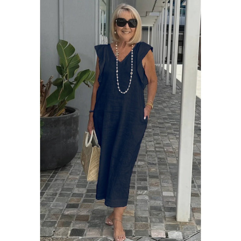Elegant Fudus Cotton-Linen Dress with Flutter Sleeves and Back Tie