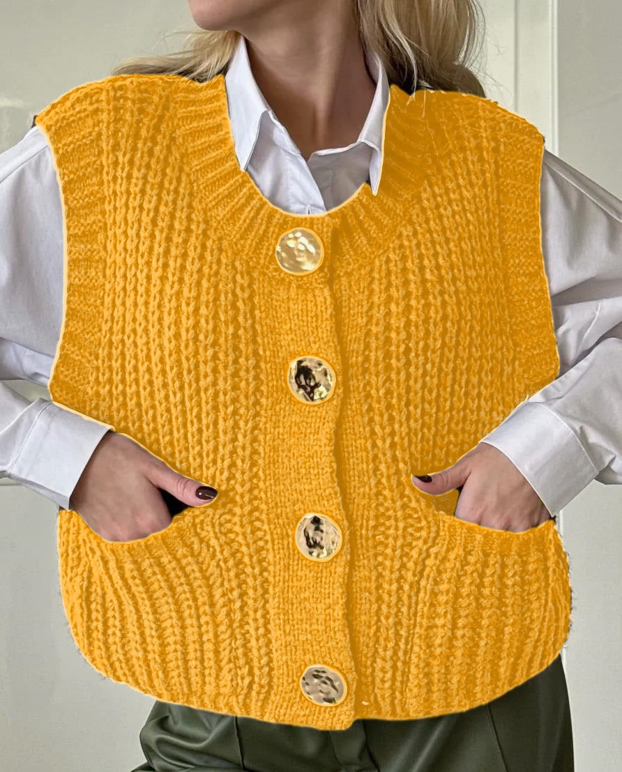 Damen gemütliche Strickweste mit großen Knöpfen und praktischen Taschen Stilzeits
