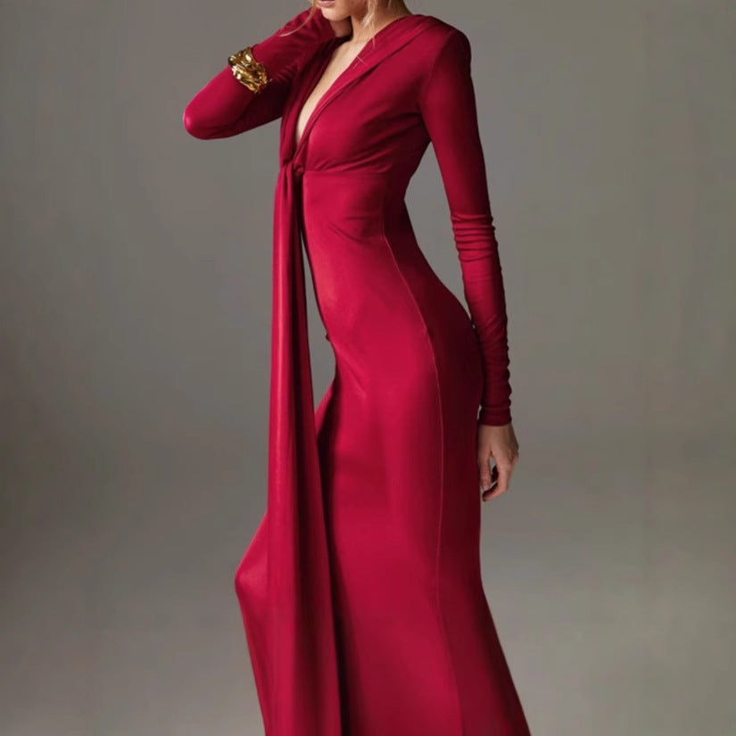 Damen Elegantes Langarm-Maxi-Kleid mit raffiniertem Knoten-Detail und figurformendem Design Stilzeits
