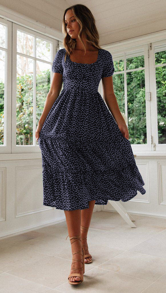 Fudus Quadratischer Ausschnitt Puffärmel Blumenkleid