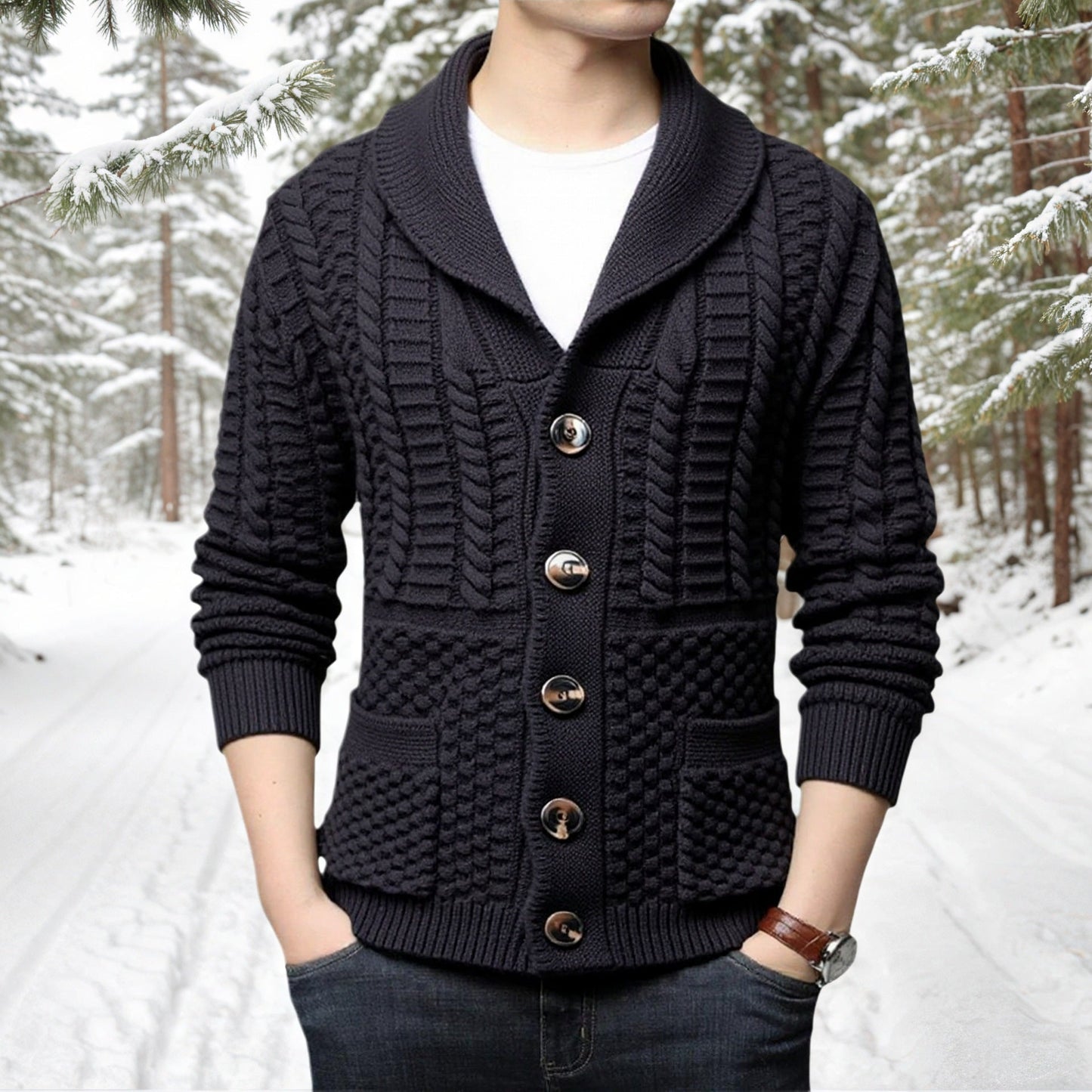 Herren modische Strickjacke mit tiefem V-Ausschnitt und stylishem Zopfdesign Stilzeits