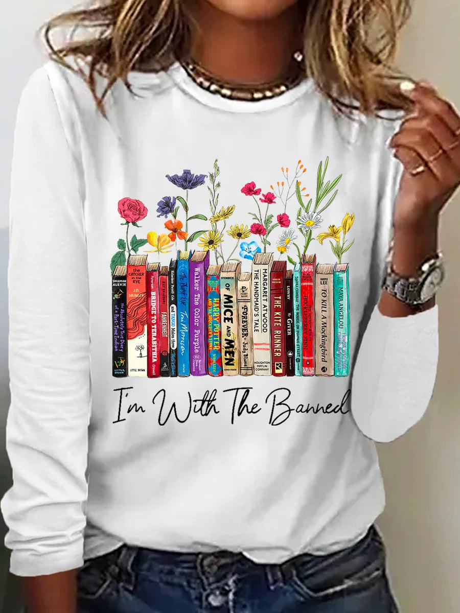 Damen Langarmshirt mit Bücher- und Blumenmotiv Stilzeits