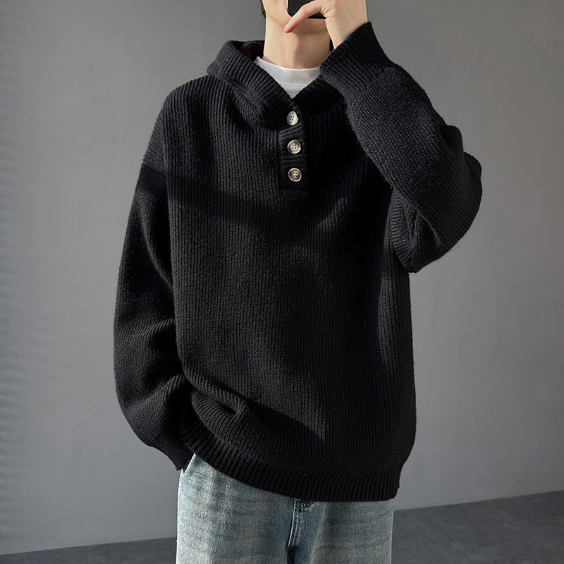 Herren Strickpullover mit Knopfleiste und Kapuze Stilzeits