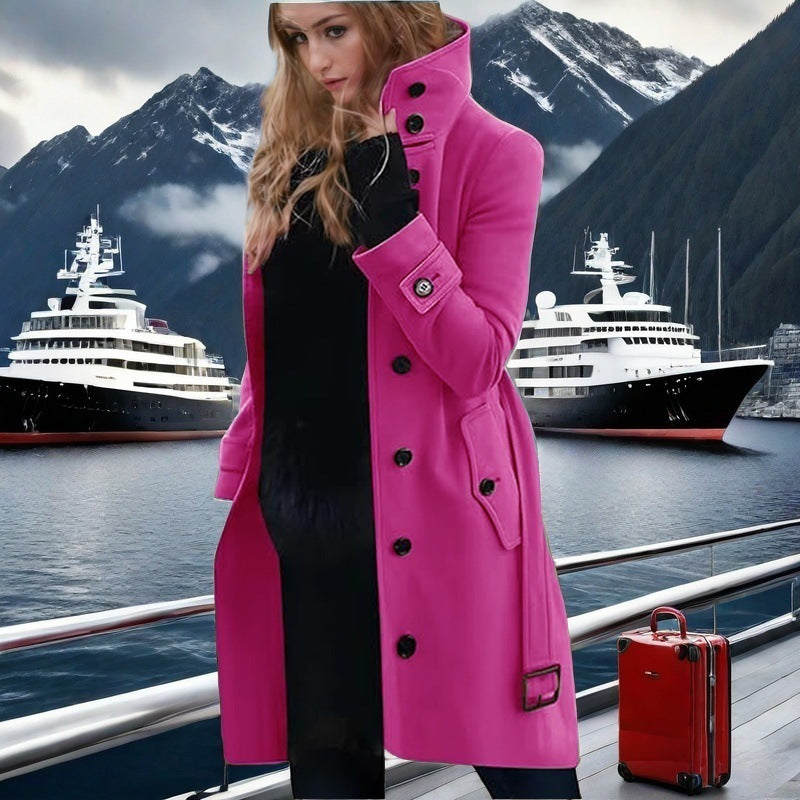 Damen eleganter Trenchcoat mit hohem Kragen und doppelter Knopfleiste Stilzeits