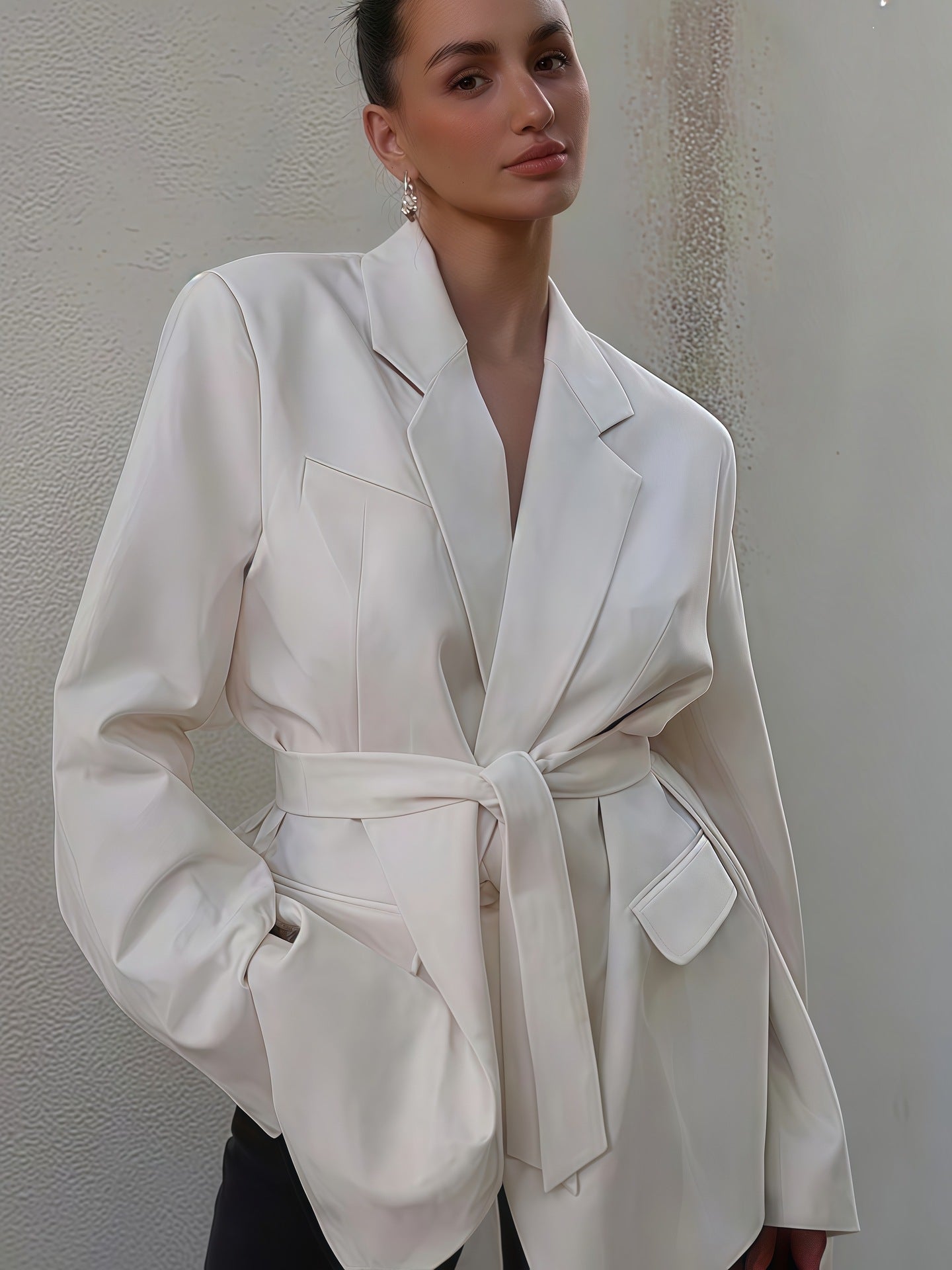 Damen Elegante Blazerjacke mit Gürtel und Taschen Stilzeits