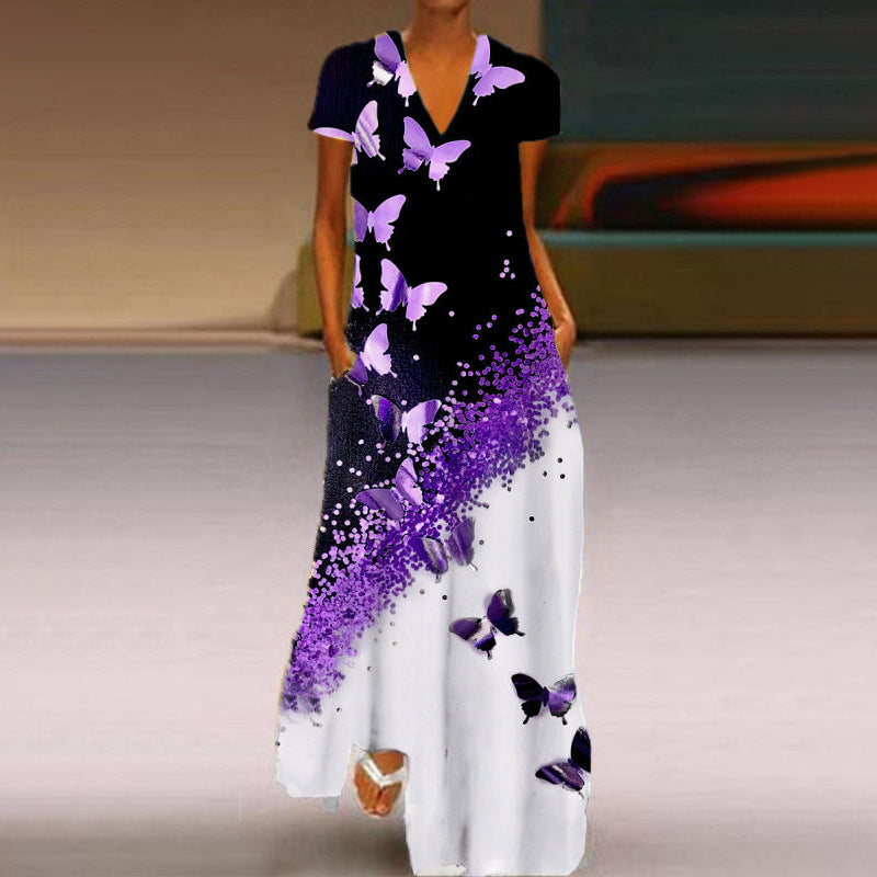 Elegantes Kurzarmkleid mit Schmetterlingsmuster und V-Ausschnitt von Fudus