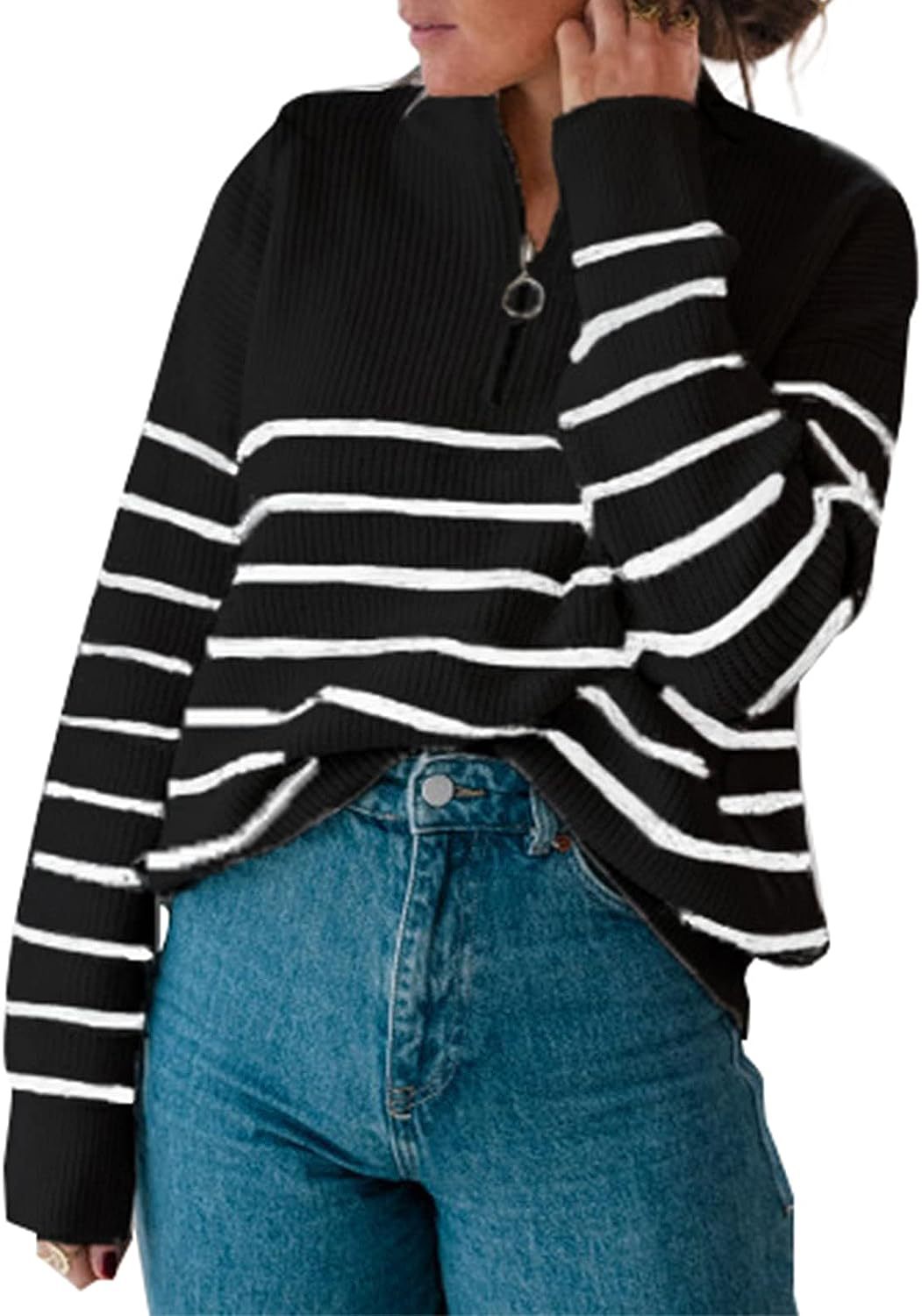 Damen lässiger Pullover mit kurzem Reißverschluss und Streifenmuster Stilzeits