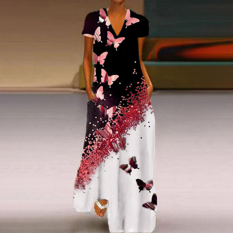 Elegantes Kurzarmkleid mit Schmetterlingsmuster und V-Ausschnitt von Fudus