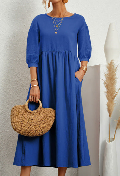 Fudus Elegantes Einfarbiges Kleid mit Laternenärmeln und lockerer Passform
