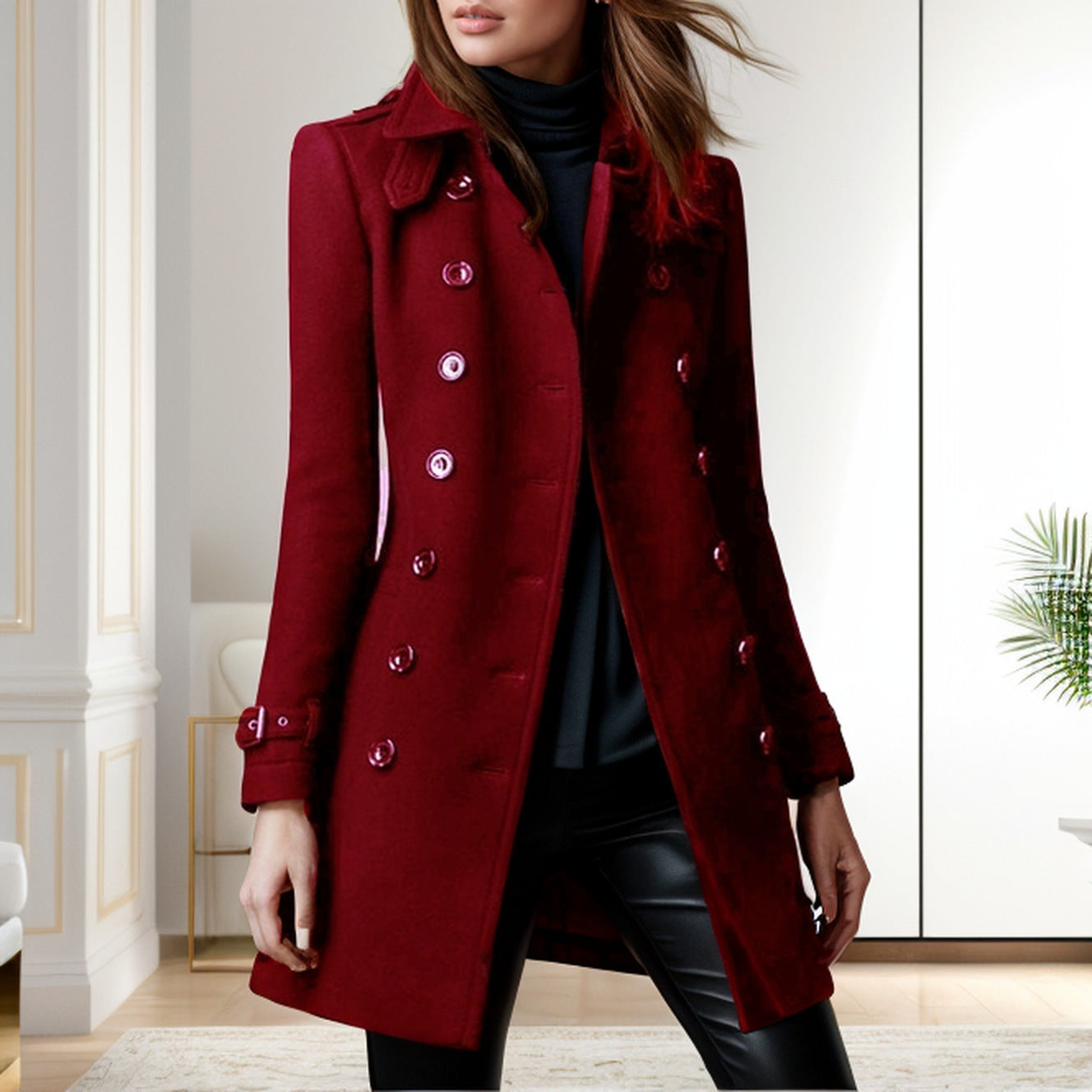 Damen eleganter Trenchcoat mit doppelter Knopfreihe und gewichtetem Kragen Stilzeits