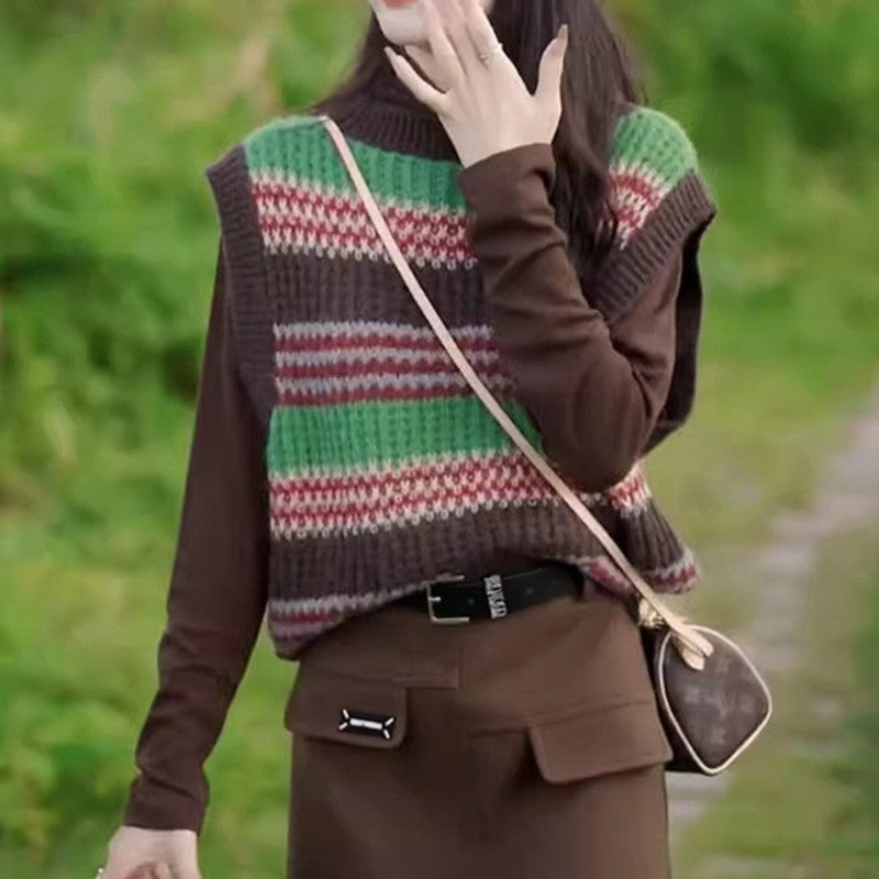 Damen lässiger Strickoversize-Pullover mit buntem Streifenmuster und ärmellosem Design Stilzeits - Stilzeits