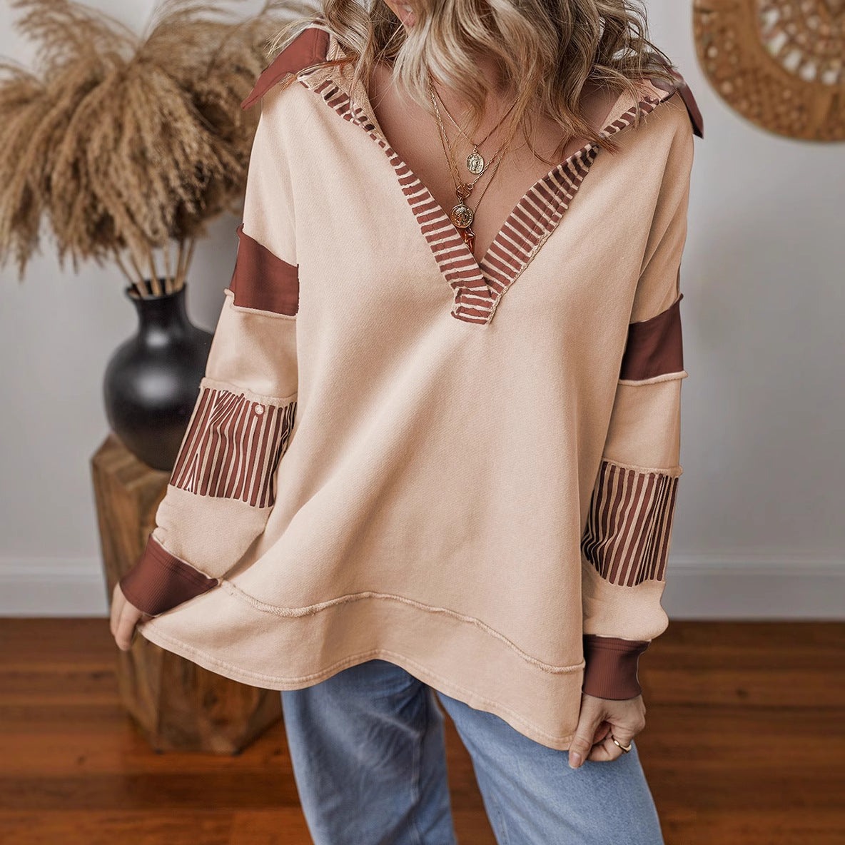 Damen lässiger Pullover mit Hemdkragen und gestreiften Ärmeln Stilzeits