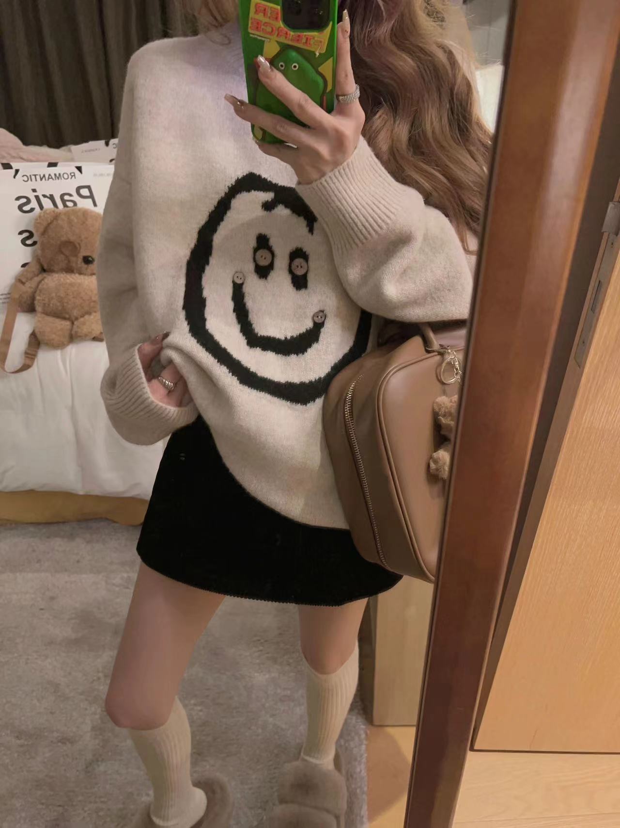 Damen lässiger Strickpullover mit fröhlichem Smiley-Motiv und modernem Schnitt Stilzeits