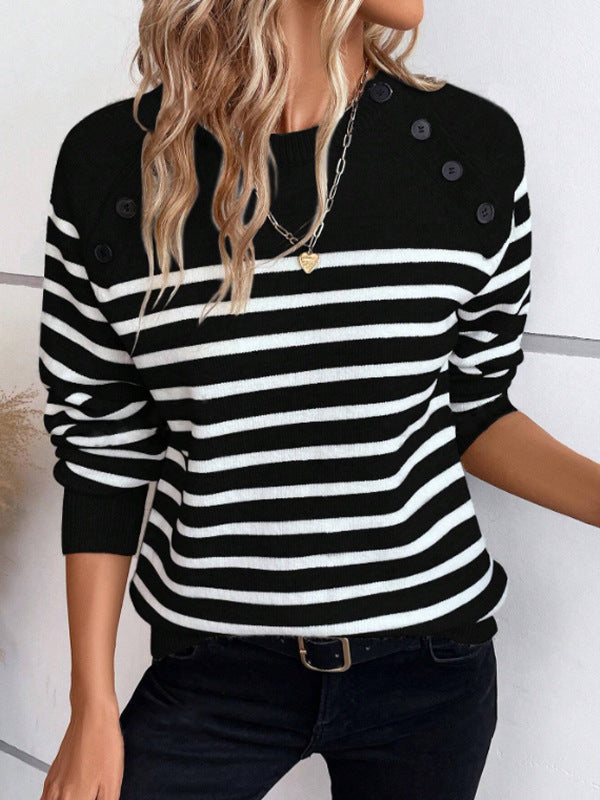 Damen gestreifter Pullover mit dekorativen Knopfdetails und Rundhalsausschnitt Stilzeits