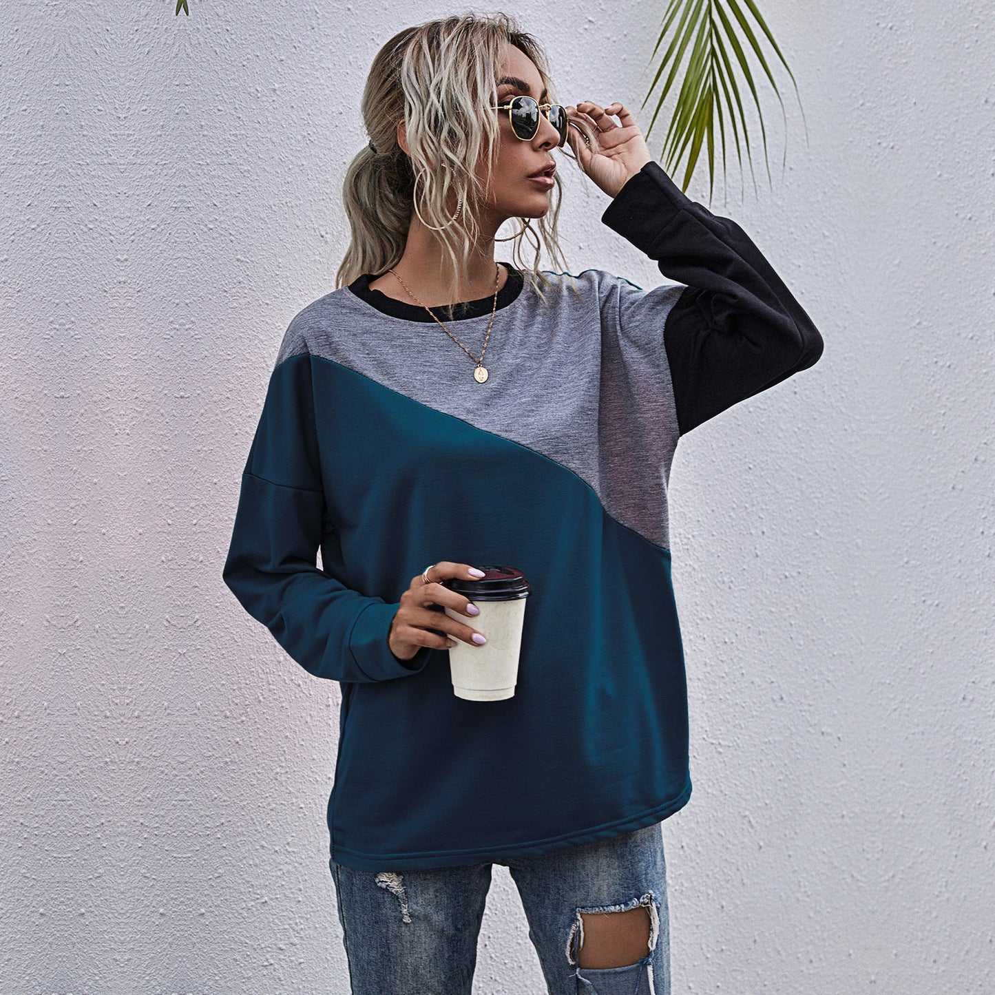 Damen sportlicher Sweatshirt mit modischem Farbblockdesign Stilzeits