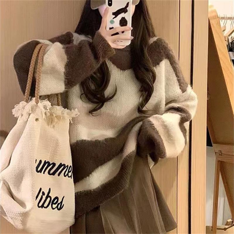 Damen Grobstrickpullover mit modischem Streifenmuster und lässigem Schnitt Stilzeits - Stilzeits