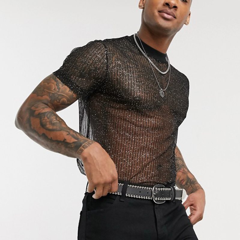Herren Hochwertiges Mesh-T-Shirt mit glitzerndem Effekt Stilzeits