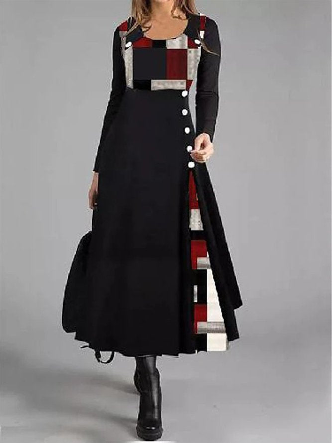 Elegantes Fudus Kleid mit Farbblock-Design, Knopfleiste und Rundhalsausschnitt