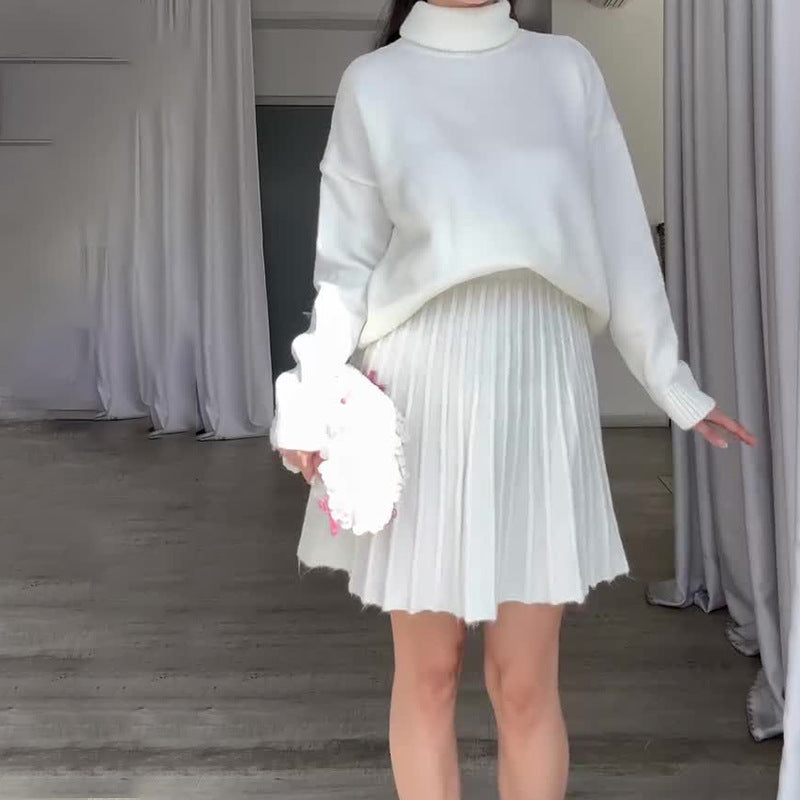 Damen Elegantes Strickensemble mit Rollkragen und fließendem Rock Stilzeits