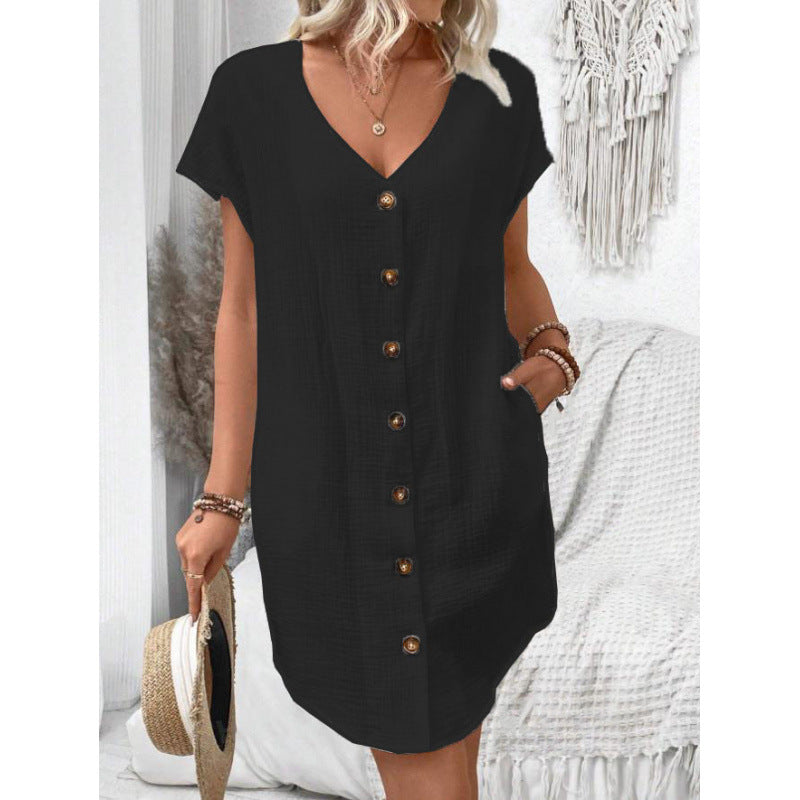 Baumwoll-Leinen Kleid mit V-Ausschnitt und Knöpfen von Fudus