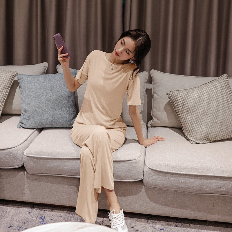 Wella Nachthemd-Set: Kurzarm-Shirt & weite Hose aus Eisseide