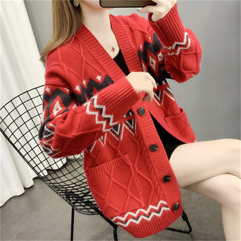 Damen Strickjacke mit modernem Zopf- und geometrischem Muster Stilzeits