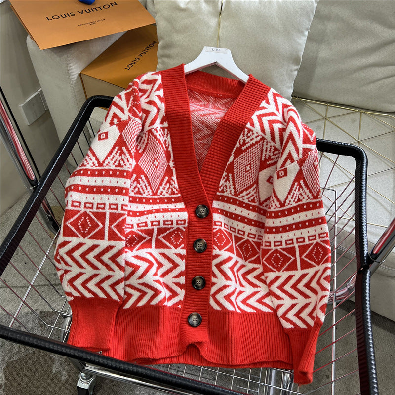 Damen Übergroße Strickjacke mit geometrischem Muster Stilzeits