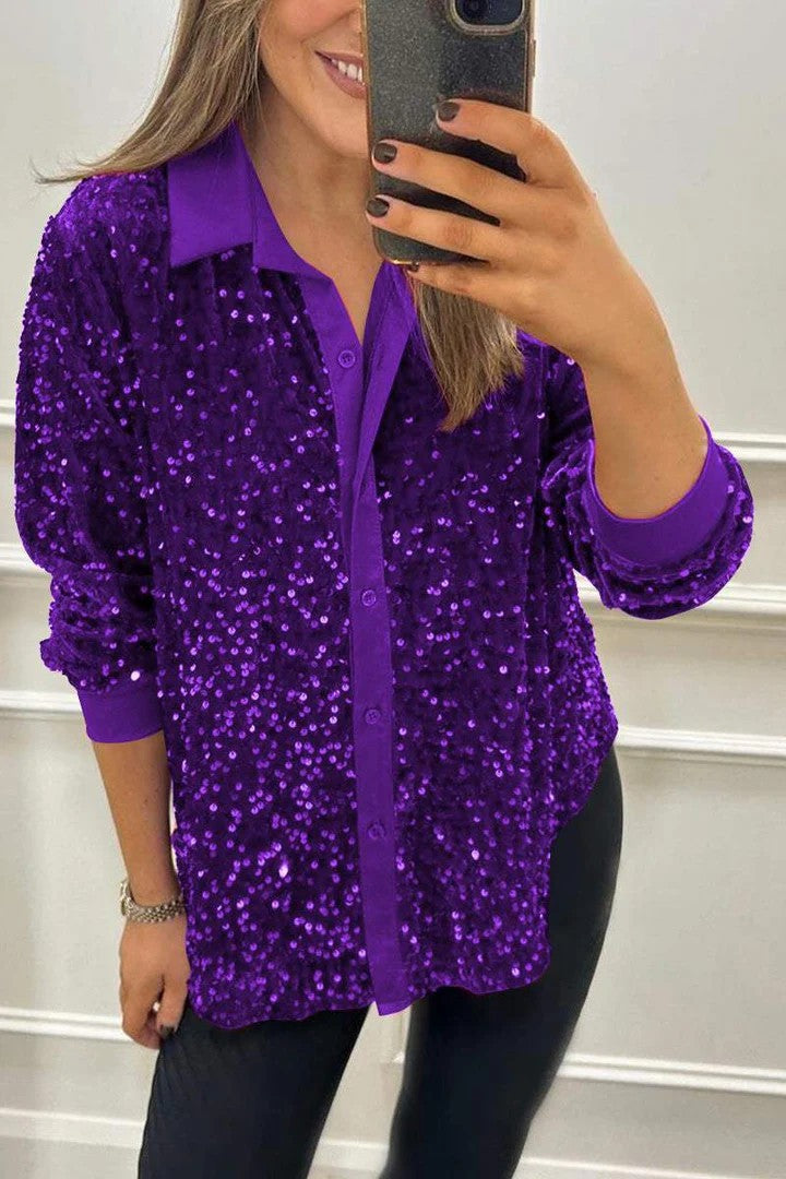 Damen Glitzernde Bluse aus Pailletten mit klassischem Kragen Stilzeits