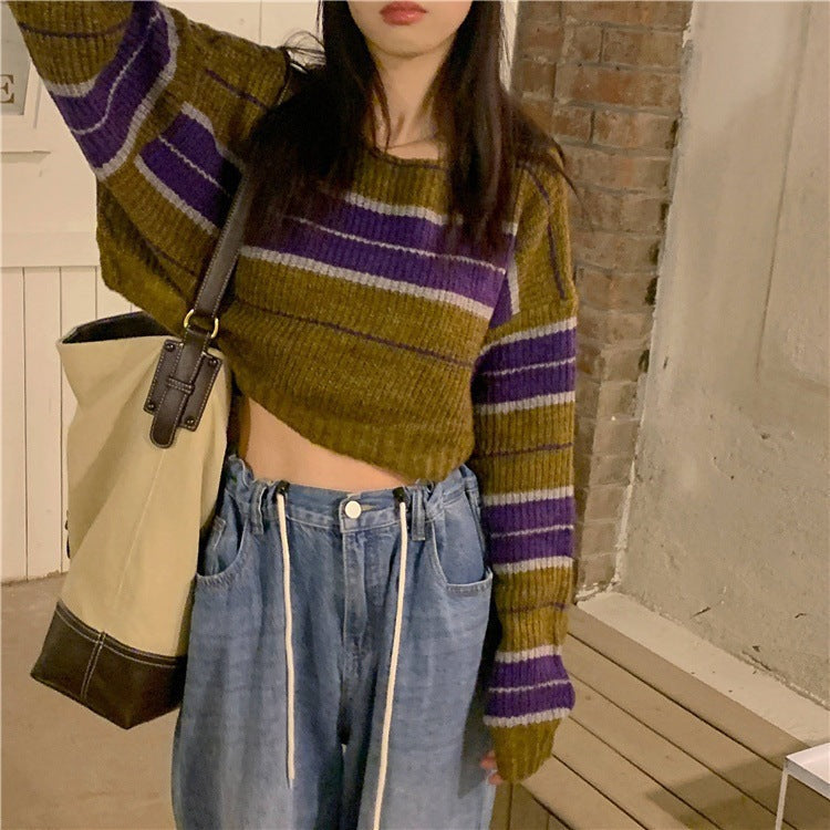 Damen kurz geschnittener Strickpullover mit horizontalem Streifenmuster Stilzeits - Stilzeits