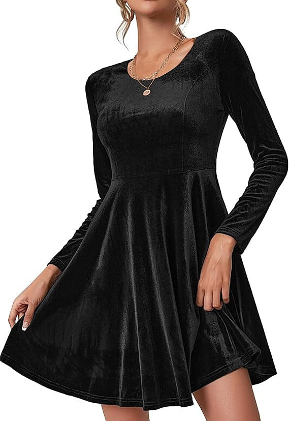 Damen Elegantes Samtkleid mit geschwungenem Saum und langen Ärmeln Stilzeits
