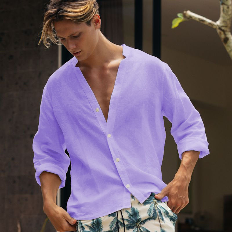 Herren lässige Leinenbluse mit durchgehendem Knopfverschluss Stilzeits