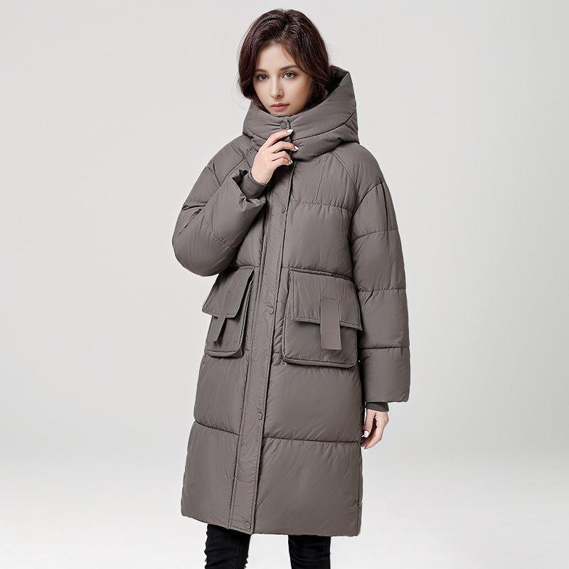 Damen gesteppter Langmantel mit wärmender Kapuze und praktischen Taschen Stilzeits