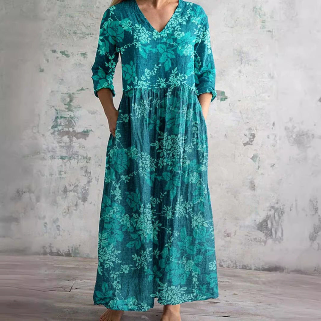 Damen Floral Maxikleid mit V-Ausschnitt und Dreiviertelärmeln