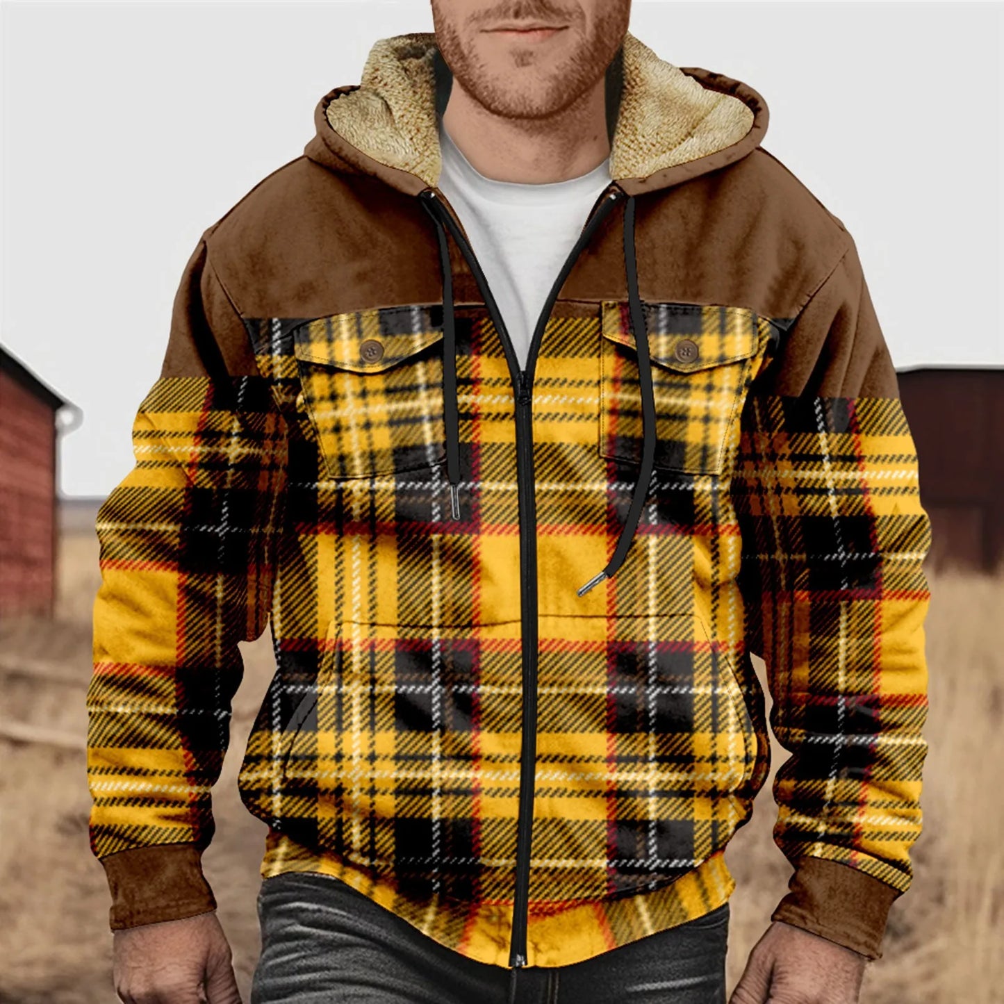 Stilzeits | Herrenhemd aus fleecegefüttertem Flanell - Kariert, mit Kapuze und Knopfverschluss