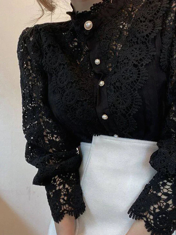 Women's Fudus Hollow Lace Button-Up Blouse